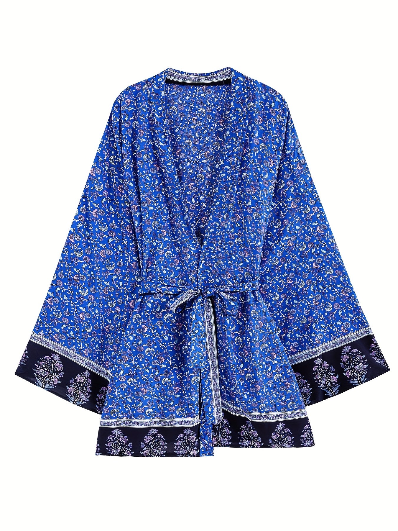 Floral Print Boho Style Cover Up Kaftan Long Sleeve Tie Belt Vacation