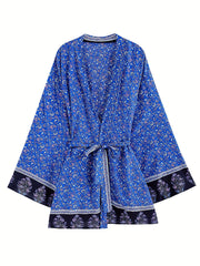 Floral Print Boho Style Cover Up Kaftan Long Sleeve Tie Belt Vacation