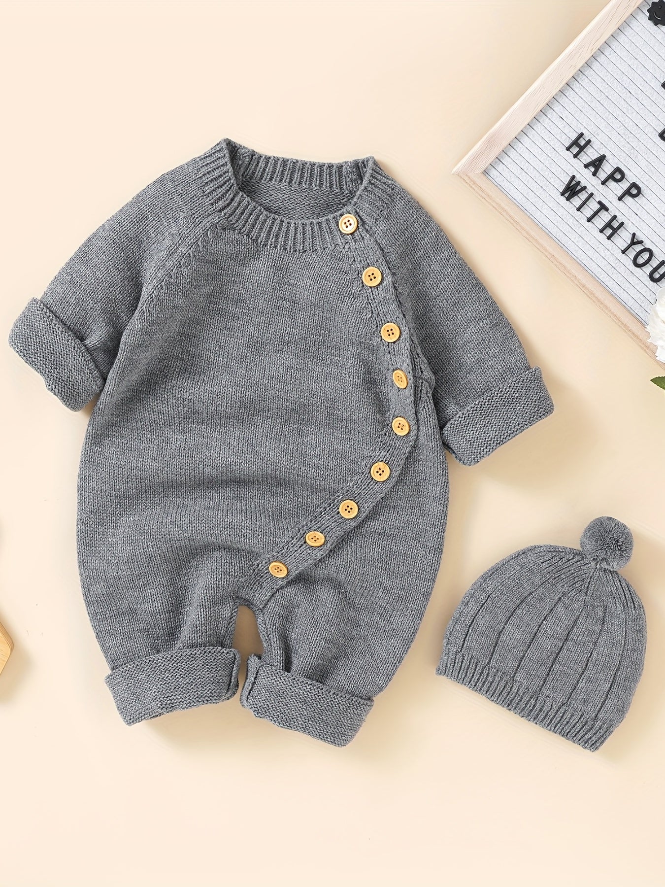 Personalized Knit Baby Onesie Diagonal Buttons & Hat