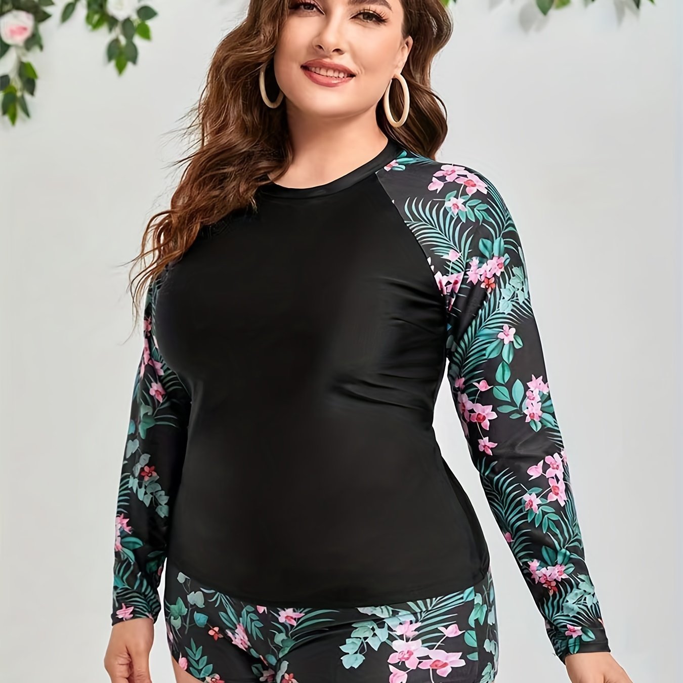 Colorblock Tropical Print Tankini Set