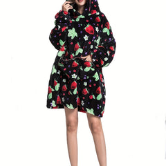 Strawberry Pattern Flannel Hoodie Nightgown