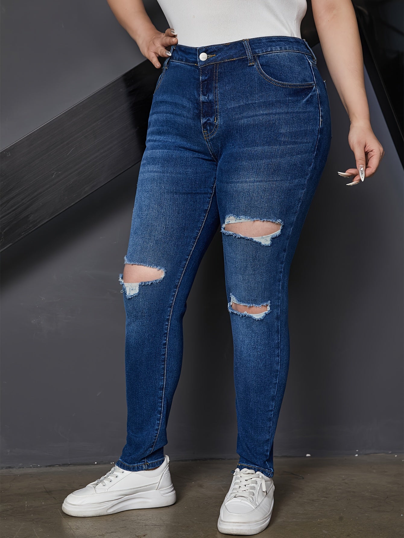 Ripped Button Up Stretch Skinny Jeans