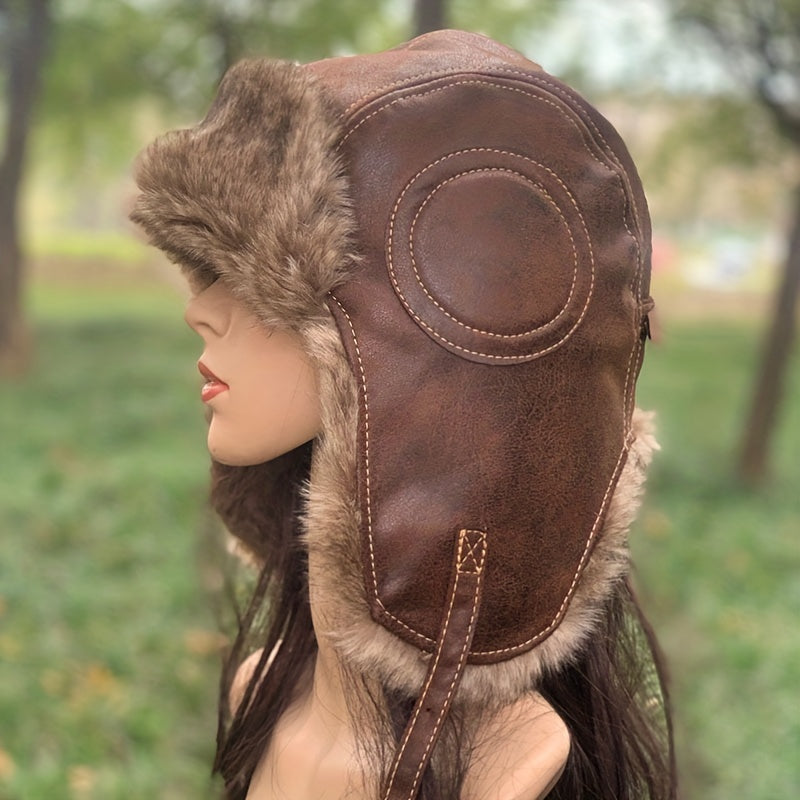 Winter Thickened PU Leather Windproof Hat for Outdoor Skiing