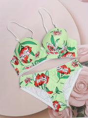 Floral Print Push Up Bra & Bikini Panties Set