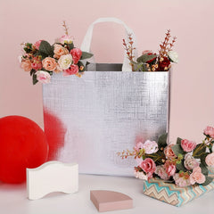 4pcs Glossy Reusable Grocery Bags Non woven Shopping Tote Bags Silver