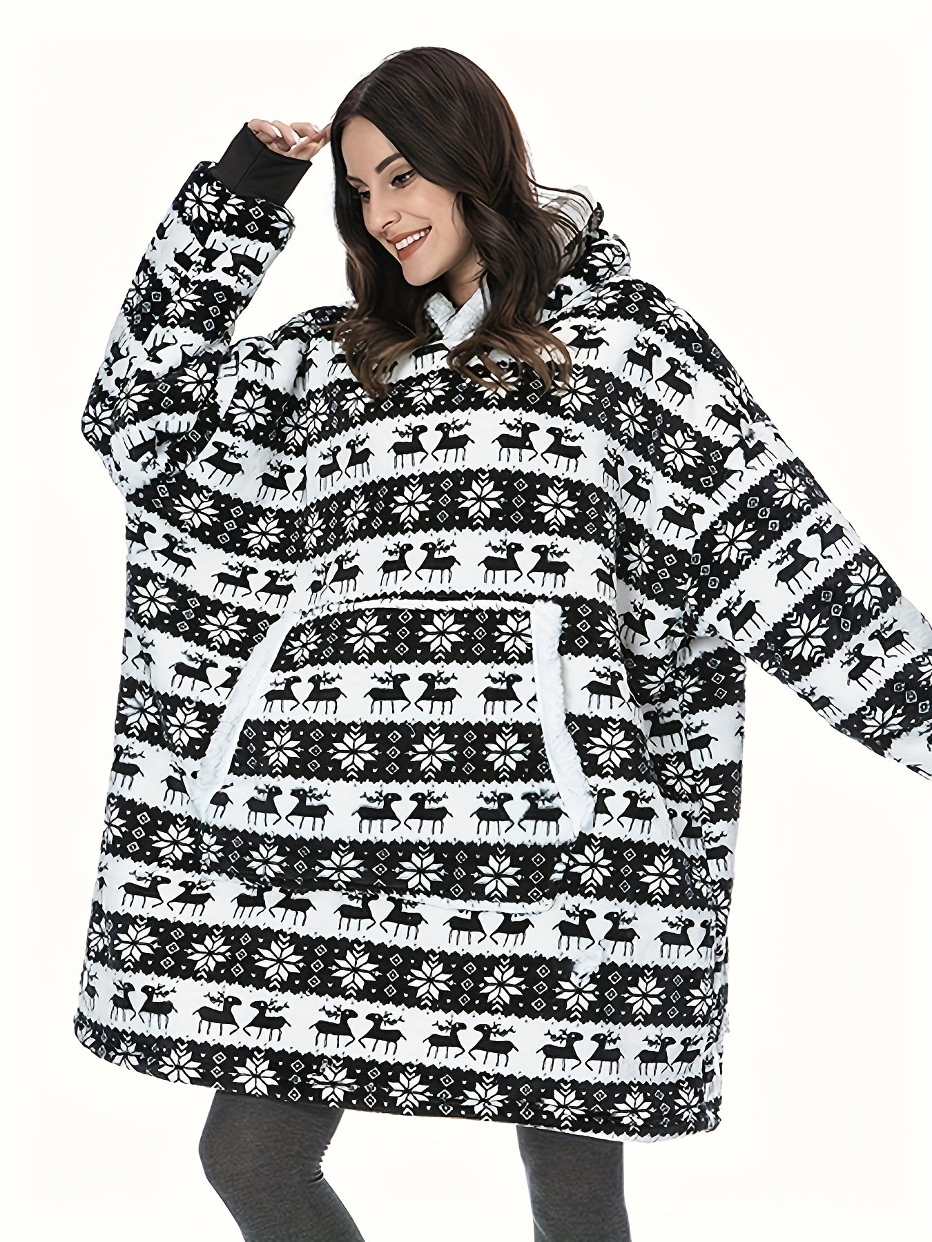 Elk & Snowflake Flannel Fleece Hooded TV Blanket