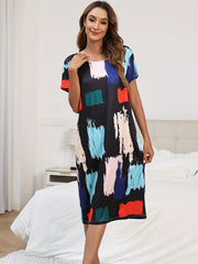 Colorblock Plaid Lounge Dress Short Sleeve Crew Neck Home Dress
