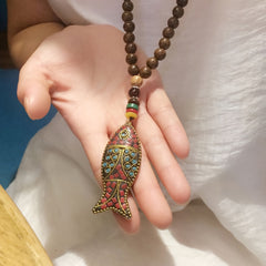Vintage Nepal Ethnic Style Fish Pendant Long Beaded Necklace