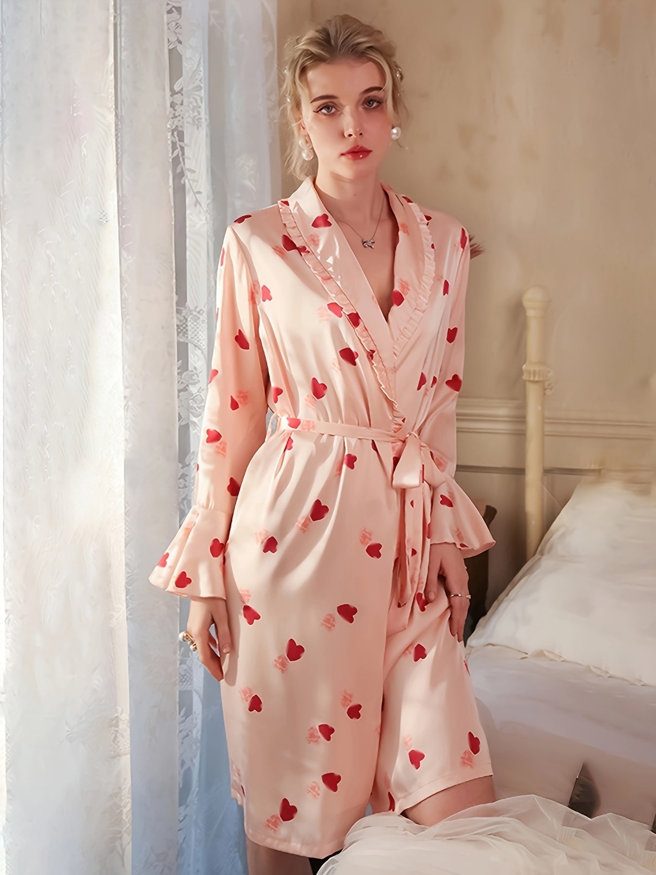 Heart Print Night Robe Ruffle Long Sleeve Lapel Neck Robe