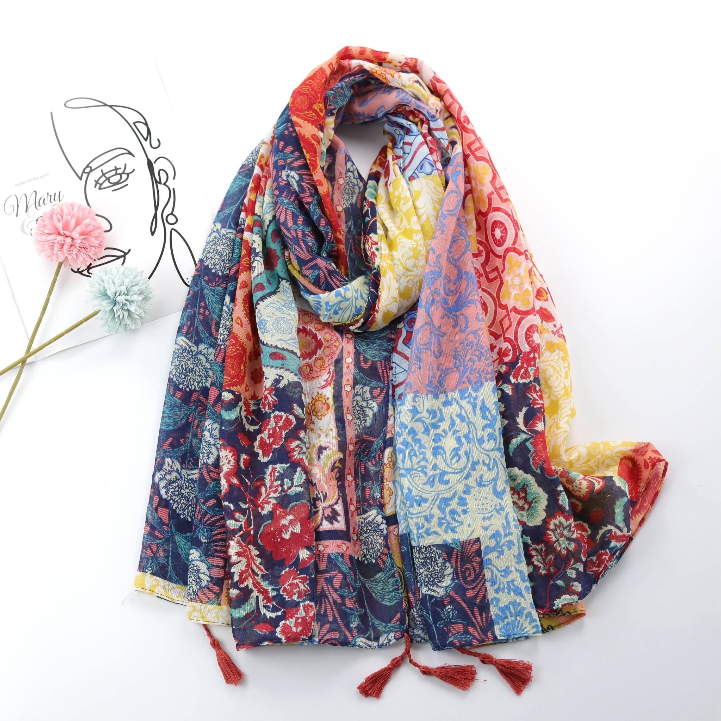 Boho Floral Print Scarf Vintage Tassel Shawl Windproof Head Wrap