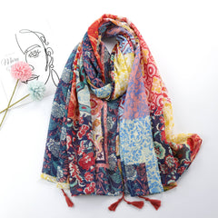 Boho Floral Print Scarf Vintage Tassel Shawl Windproof Head Wrap
