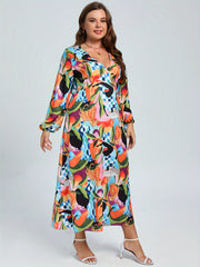 Women's Plus Floral & Geo Print Lantern Sleeve V Neck Maxi Dress