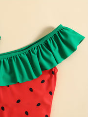 Girls Watermelon Print One Piece Swimsuit Asymmetrical Straps