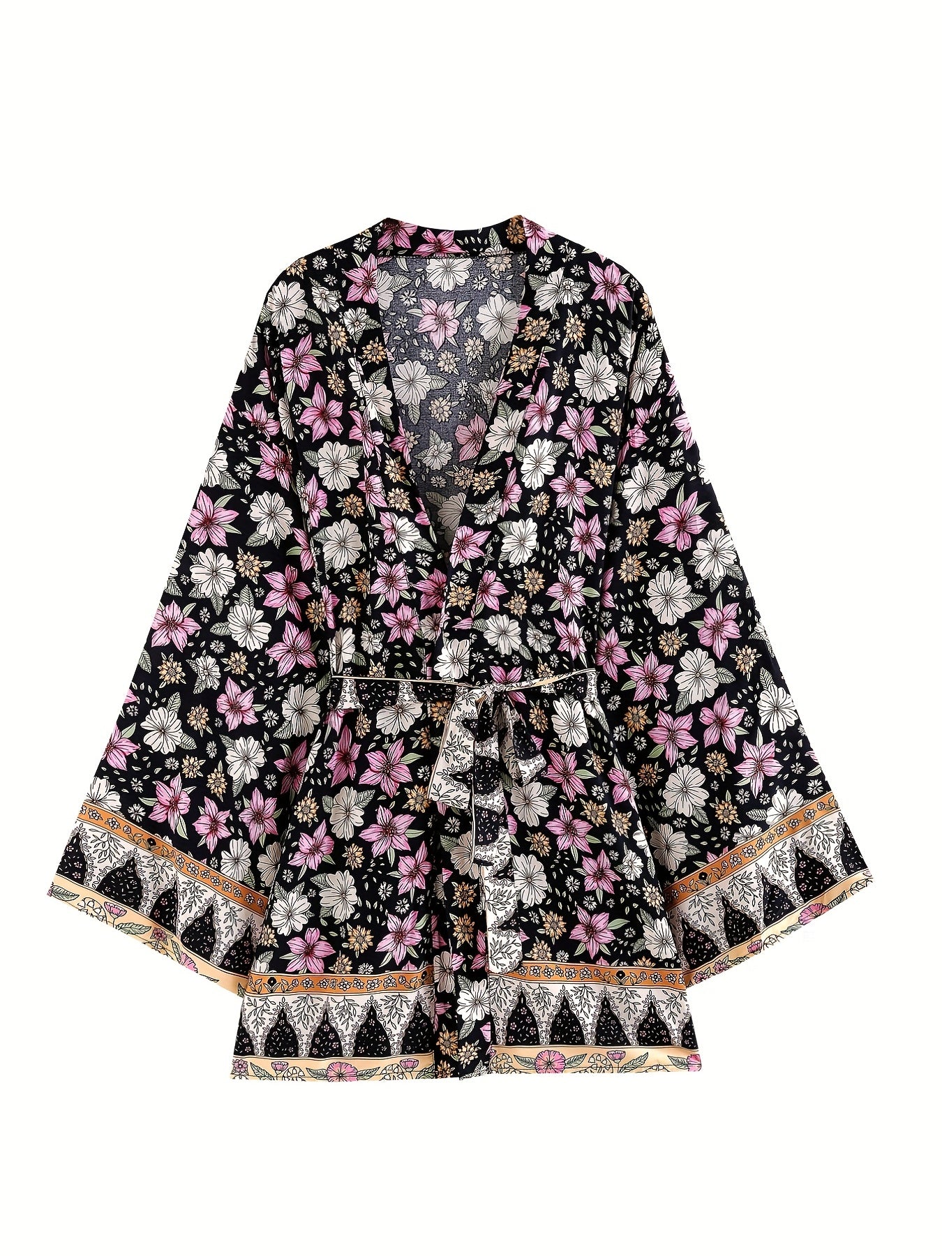 Floral Print Boho Style Cover Up Kaftan Long Kimono Sleeve