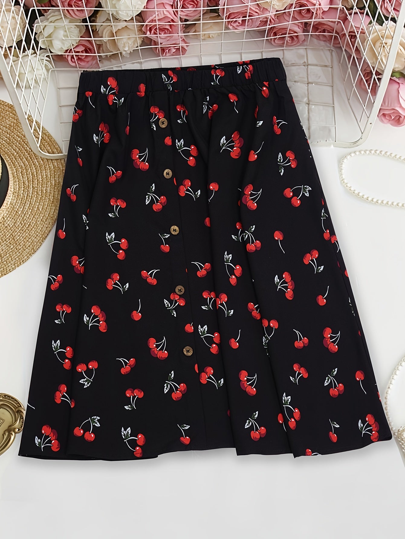 Cherry Print A-line Skirt with Elastic Waist