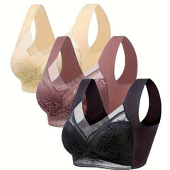 3pcs Full Coverage Lace Wireless Bras Women's Lingerie