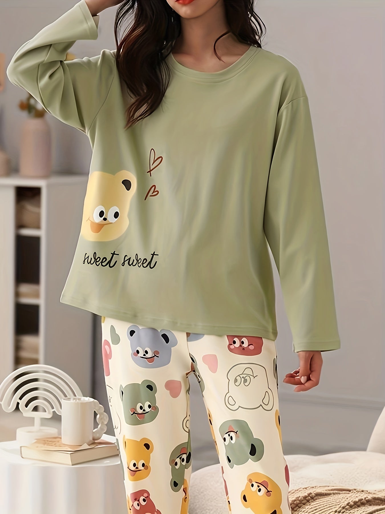 Bear Print Pajama Set Long Sleeve Top & Pants Women's Sleepwear