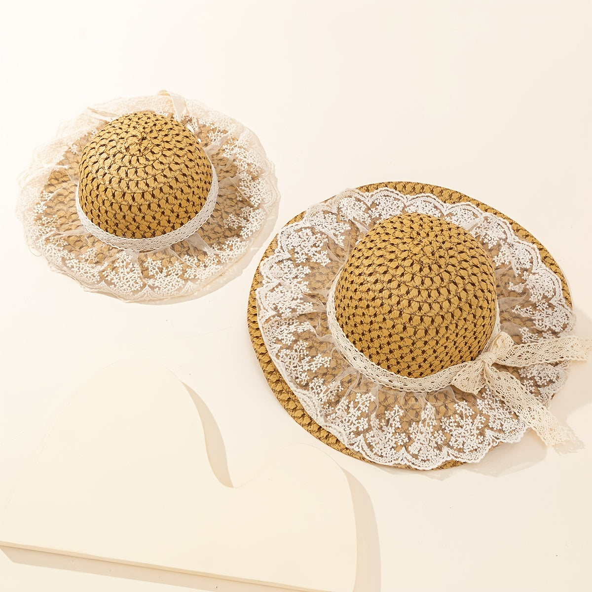 2pcs Family Sun Hat Lace Wide Brim Straw Hat Foldable Travel Beach Hats