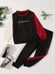 Boys 2pcs Block Sweatshirt & Sweatpants Set for Spring Fall