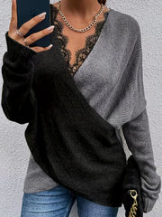Contrast Lace Block Knit Sweater V-Neck Long Sleeve Casual Pullover