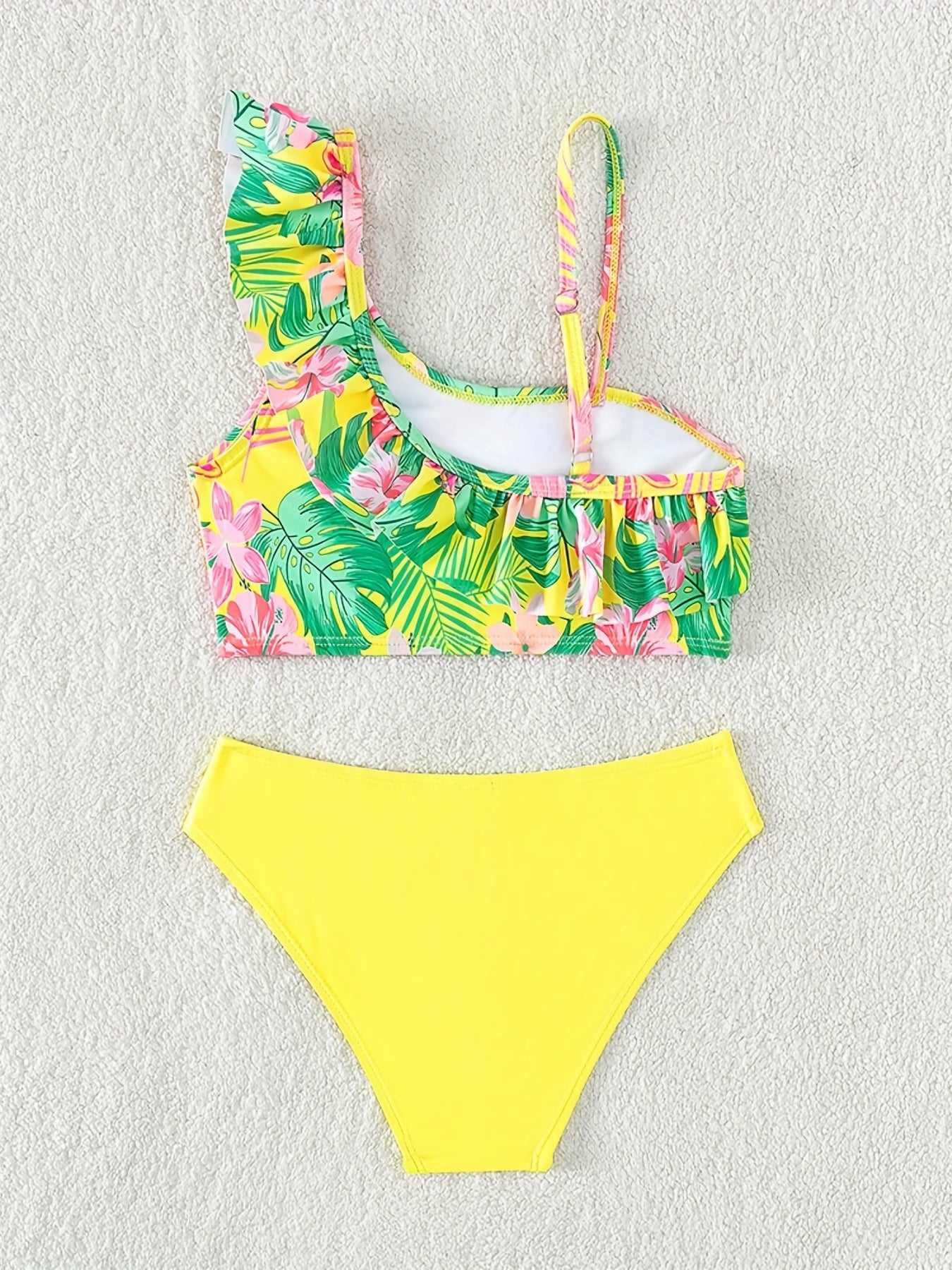 Girl's Tropical Floral Swimsuit Set Ruffle Bikini Cami Top & Briefs