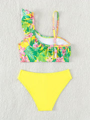 Girl's Tropical Floral Swimsuit Set Ruffle Bikini Cami Top & Briefs