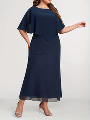 Solid Layered Cloak Round Neck Maxi Dress