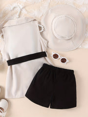 Girls Cami Top & Elastic Waist Shorts & Lapel Vest & Hat Set With Belt