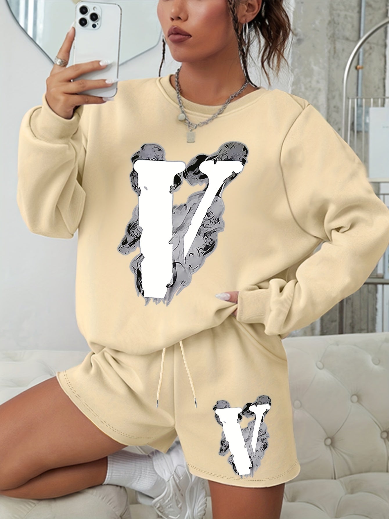 Women's Letter Print Sweatshirt & Shorts 2pcs Set