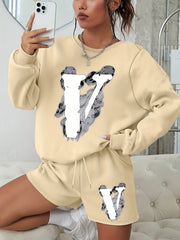 Women's Letter Print Sweatshirt & Shorts 2pcs Set