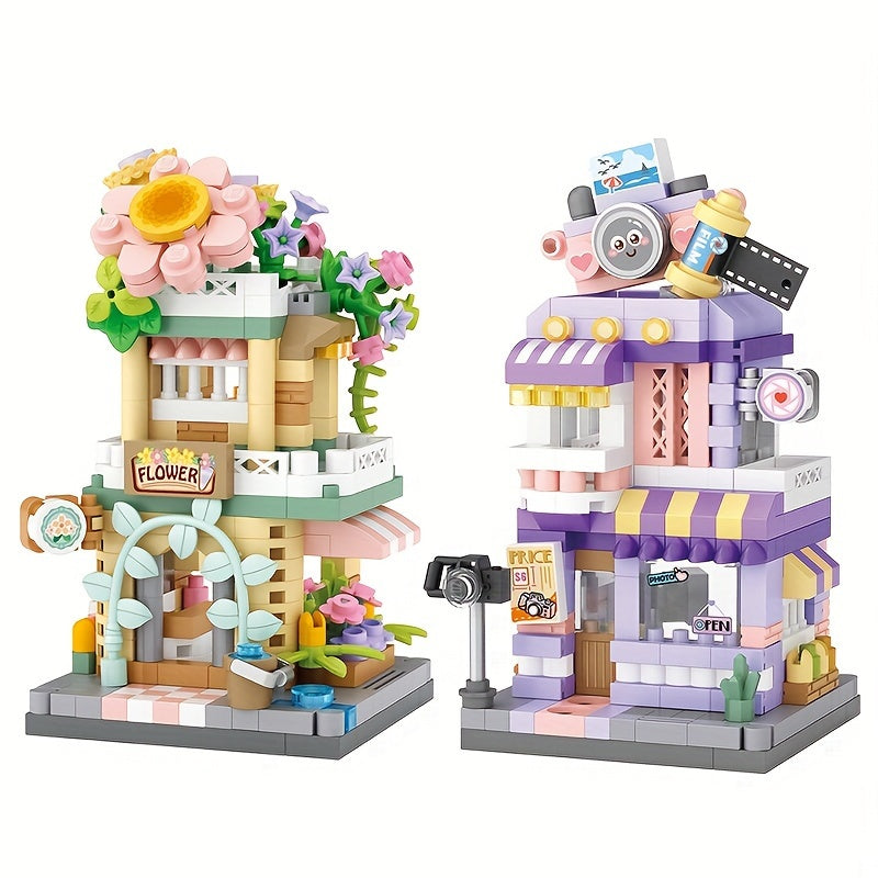 City Street View Building Block Set DIY Ice Cream Coffee Flower Shop Model Toy