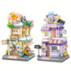 City Street View Building Block Set DIY Ice Cream Coffee Flower Shop Model Toy