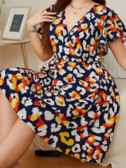 Graphic Print Ruffle Trim Cap Sleeve Mini Dress Plus Size