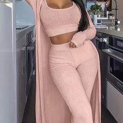 Ribbed Cardigan & Tank Top & Pants Outfit Set