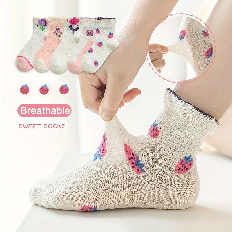 Girls 5 Pairs Breathable Crew Socks with Strawberries and Flowers