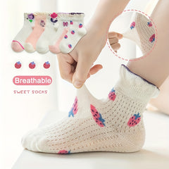 Girls 5 Pairs Breathable Crew Socks with Strawberries and Flowers