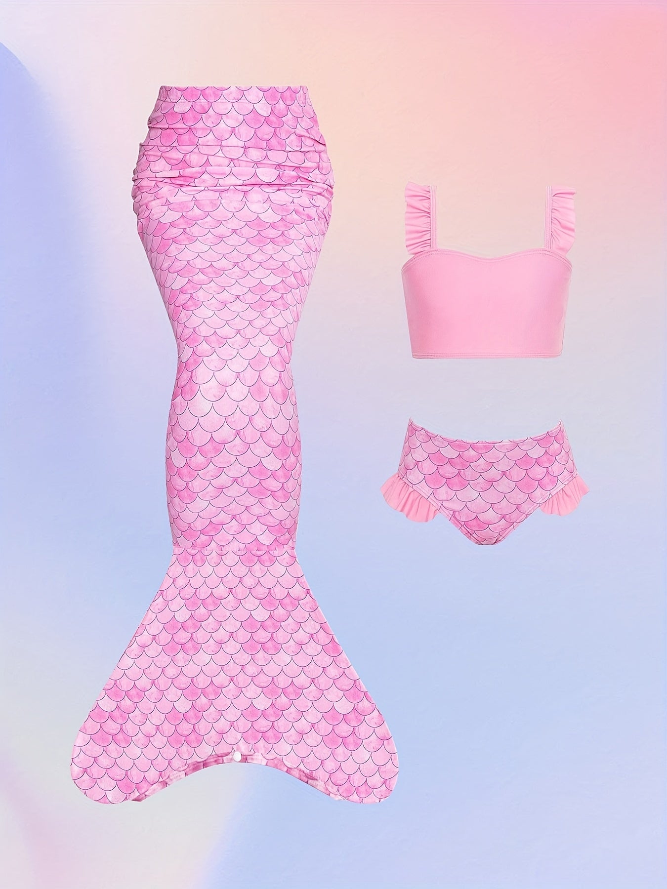 3pcs Fish Scale Print Mermaid Swimsuit Set for Girls