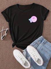Smiling Face Print Casual T Shirt Round Neck Short Slee