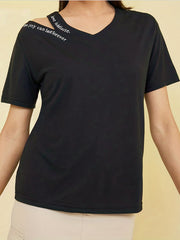 V Neck Cut Out Shoulder Tee Letter Print Short Sleeve Casual Sports T shirts