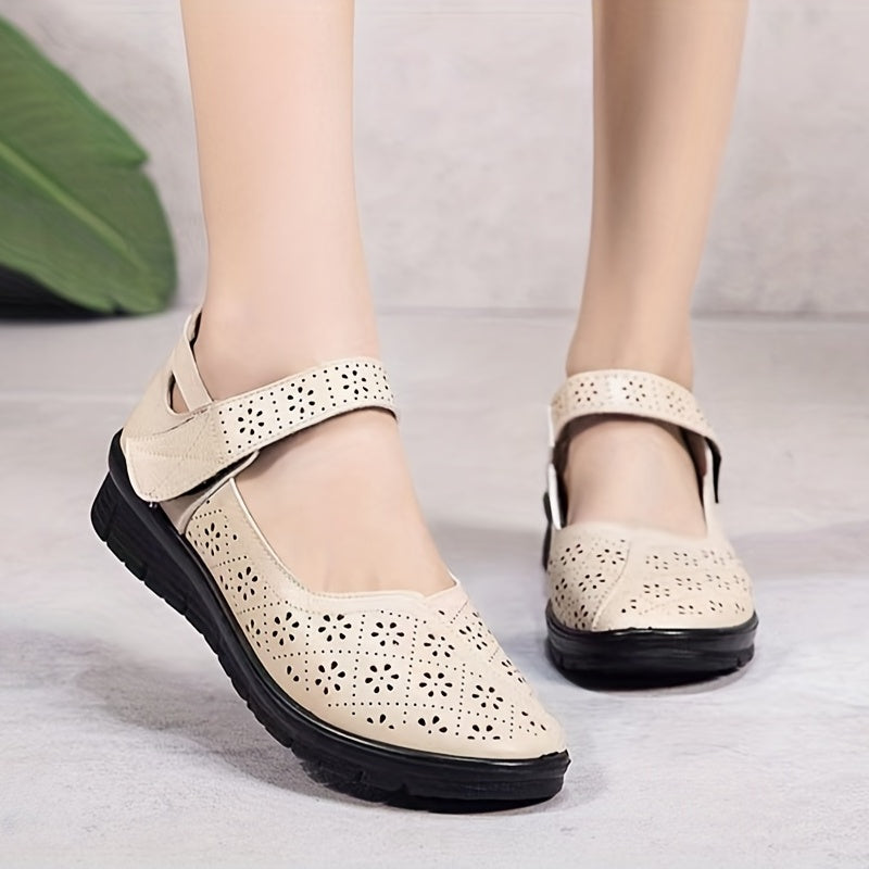 Women's Hollow Out Flat Shoes Breathable Hook & Loop Strap Walking Shoes