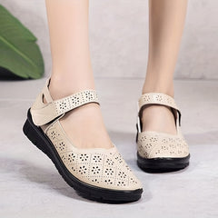 Women's Hollow Out Flat Shoes Breathable Hook & Loop Strap Walking Shoes