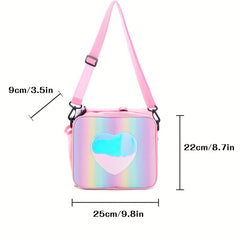 Laser Rainbow Heart Lunch Bag Handbag Insulated Bento Pack Crossbody Bag