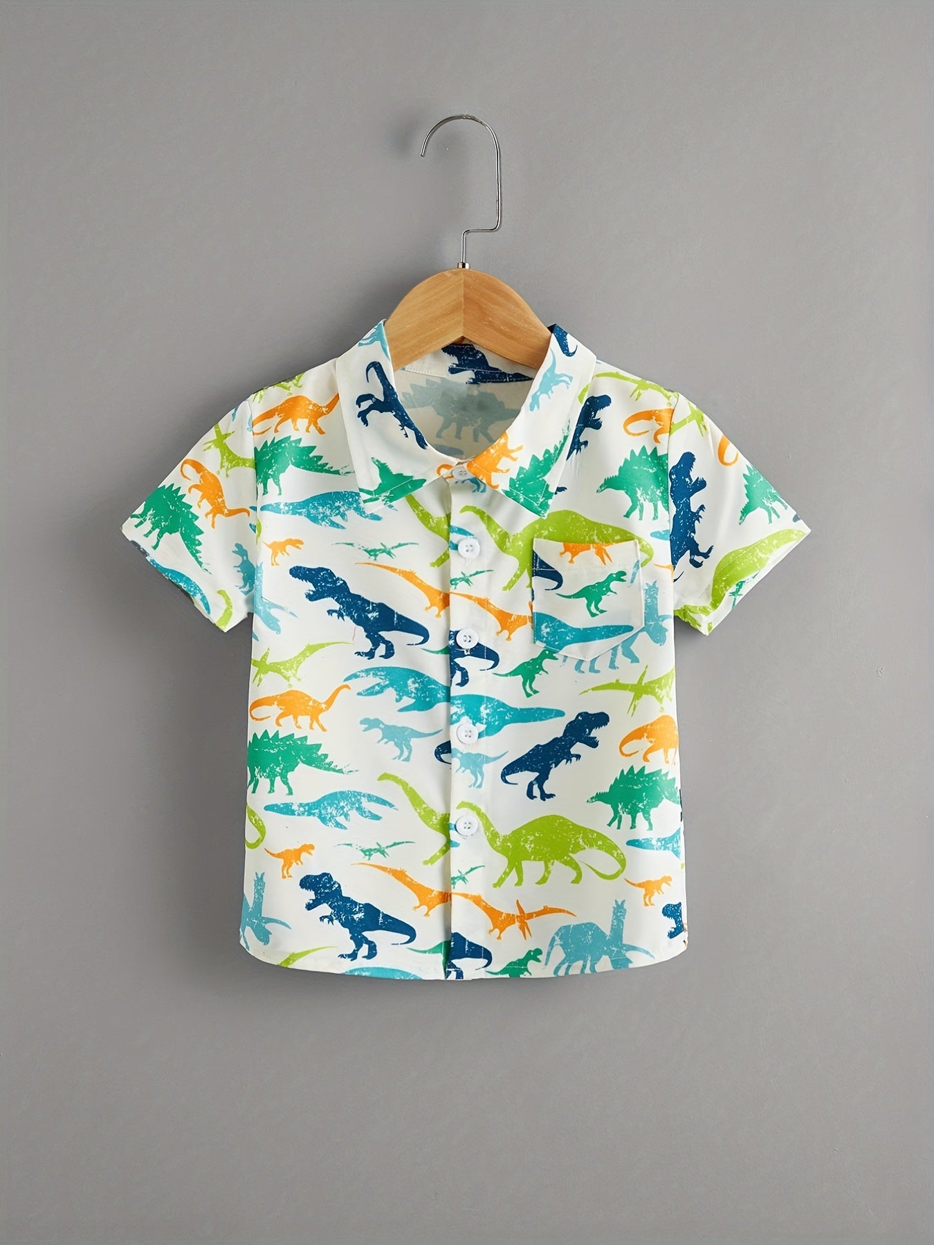 Boys Dinosaur Print Shirt Short Sleeve Collared Top