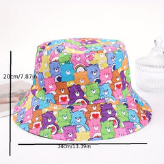 Cartoon Bear Print Bucket Hat Block Pink Basin Hat Lightweight Sun Shade Fisherm