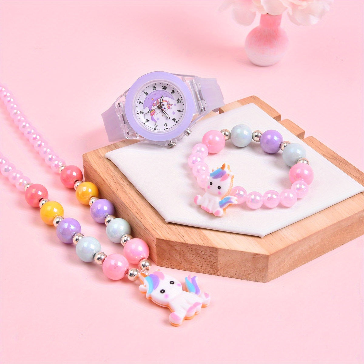 3pcs Girls' Magical Watch and Jewelry Set with Rainbow Beads Glowing Heart Charm