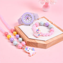 3pcs Girls' Magical Watch and Jewelry Set with Rainbow Beads Glowing Heart Charm