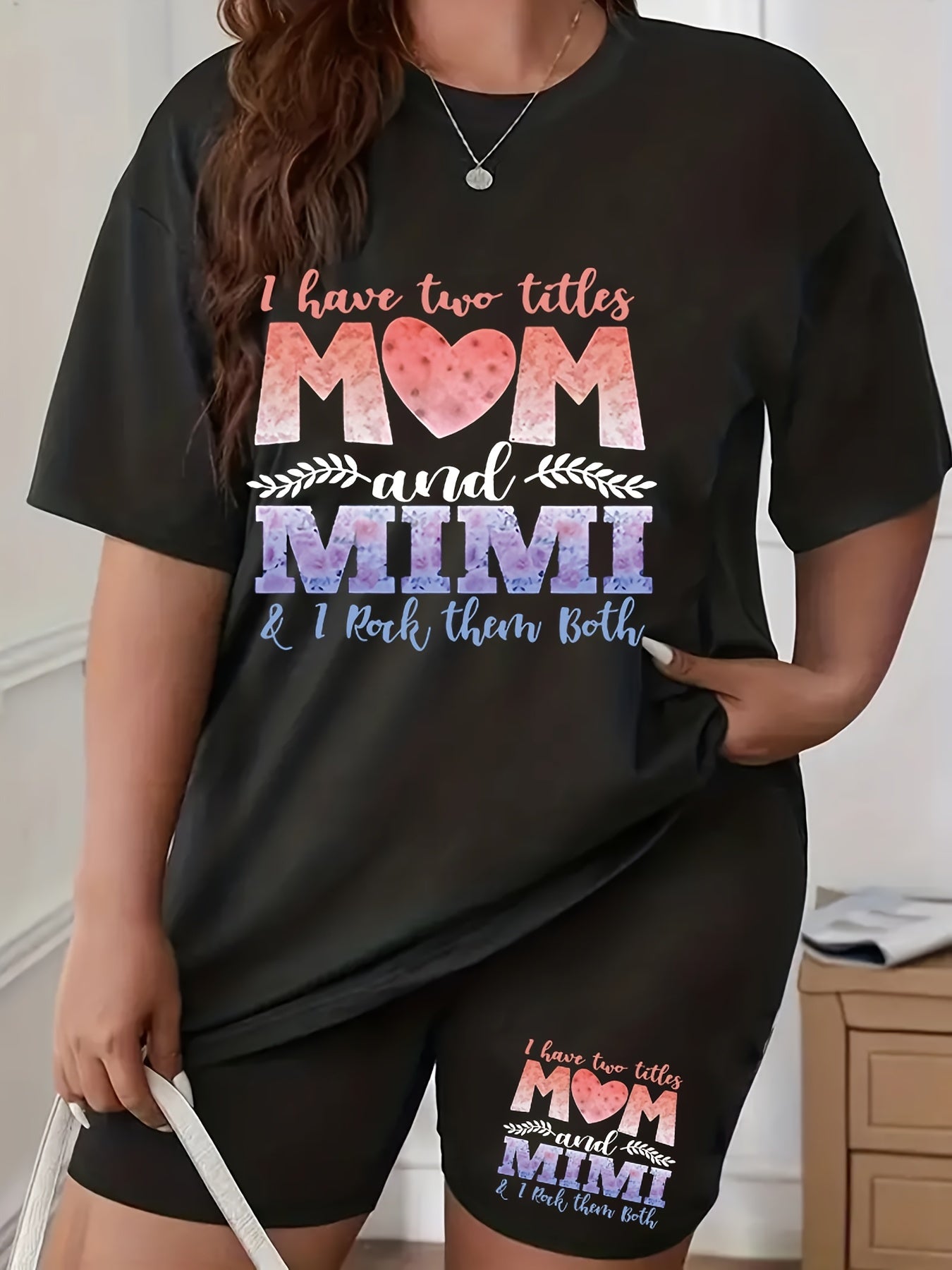 Heart & Slogan Print Top & Shorts Set