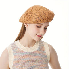 Brown Hollow Out Beret Classic Solid Beanie Lightweight Painter Cap Vintage
