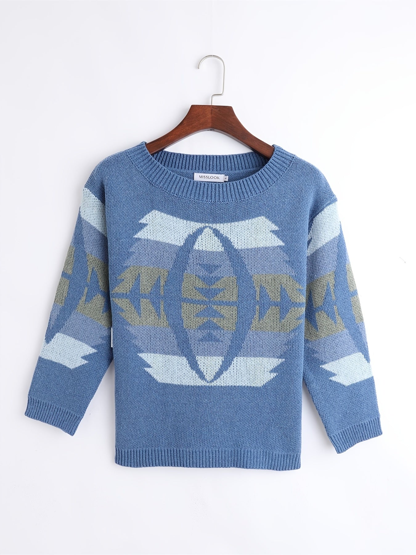 Women's Block Crew Neck Sweater Casual Long Sleeve Knit Sweater