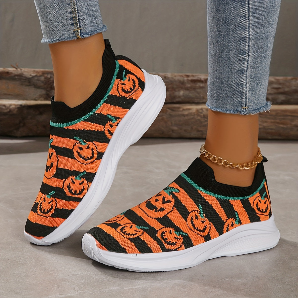 Women's Ghost Face Pumpkin Pattern Shoes Halloween Slip On Low Top Sock Sneakers